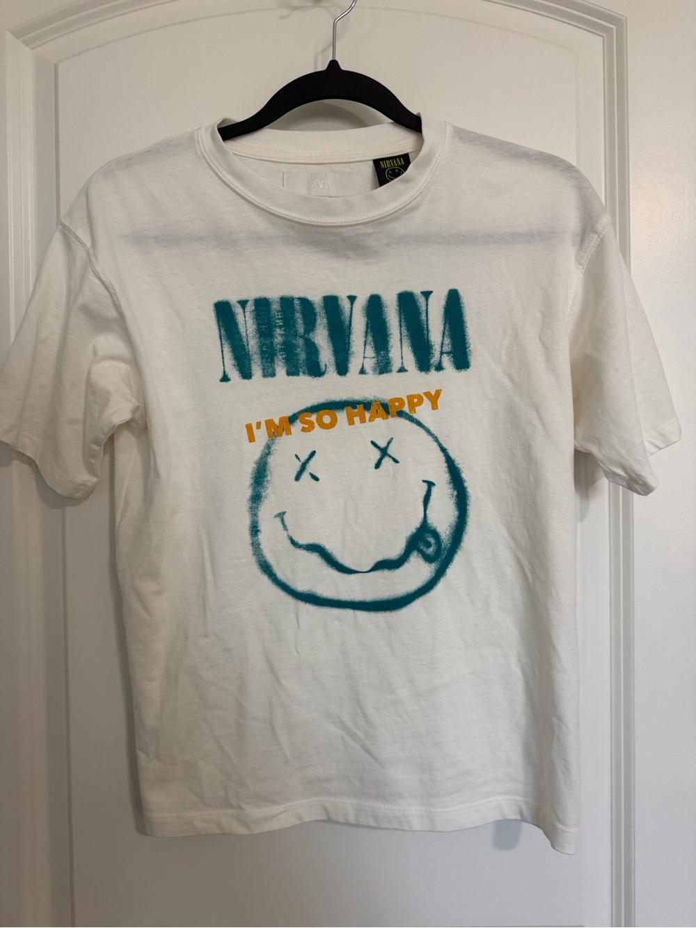 Zara White Nirvana Graphic Tee with Teal and Gold Print